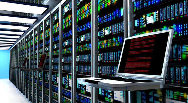 Creative business web telecommunication, internet technology connection, cloud computing and networking connectivity concept: terminal monitor in server room with server racks in datacenter interior.