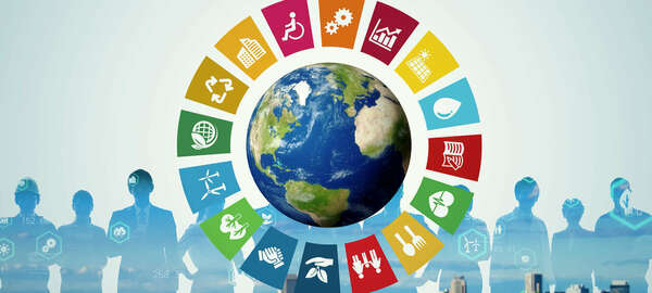 world map surounded with 17 SDG logos