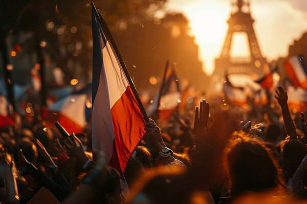 Generic unrecognizable crowds cheering or demonstrating with waving French flags with Eiffel tower background. Digitally generated rendering and Not based on any actual scene, reference, Generative AI