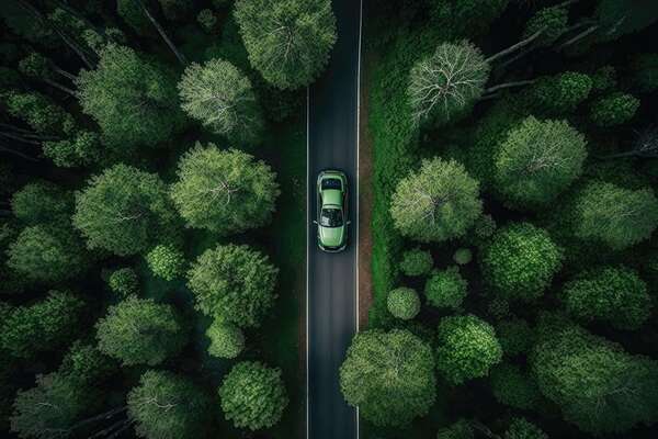Green car on forest highway. Generative AI