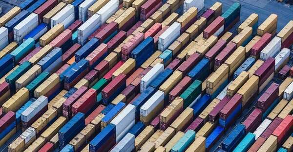 Colorful containers from above in container port